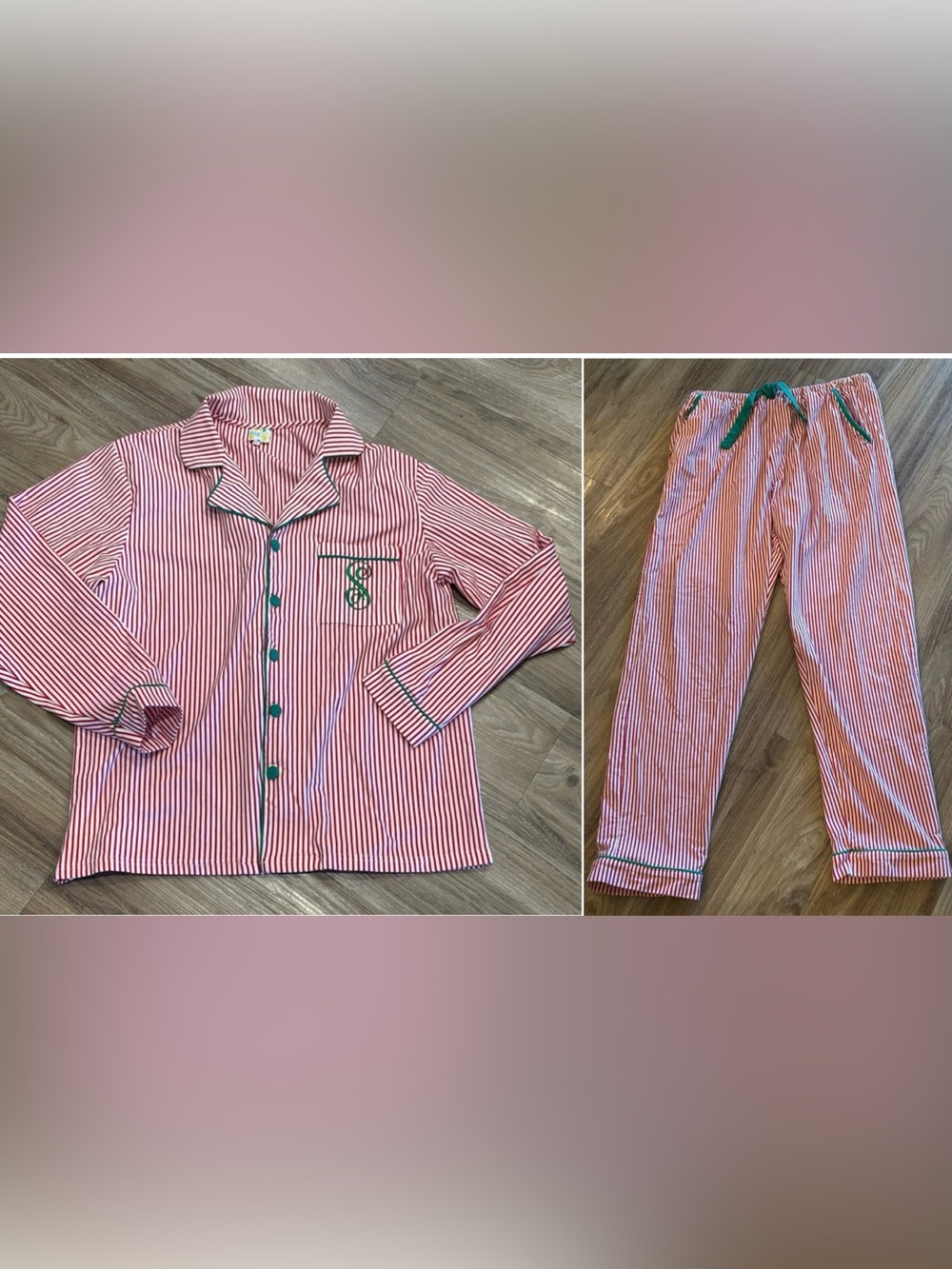 Striped Red & White Pajamas with Green Trim Embroidered S on pocket Super Soft